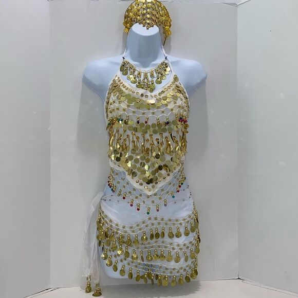 Women's 5PC White & Gold Chiffon Beaded Bellydancer Costume With Headdress OS - Picture 1 of 11